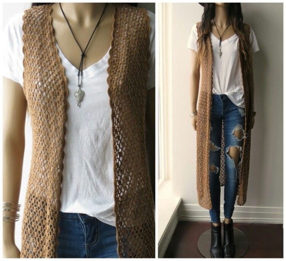 Crochet Knit Open Front Longline Sleeveless Duster Vest Tan Lg Boho Western